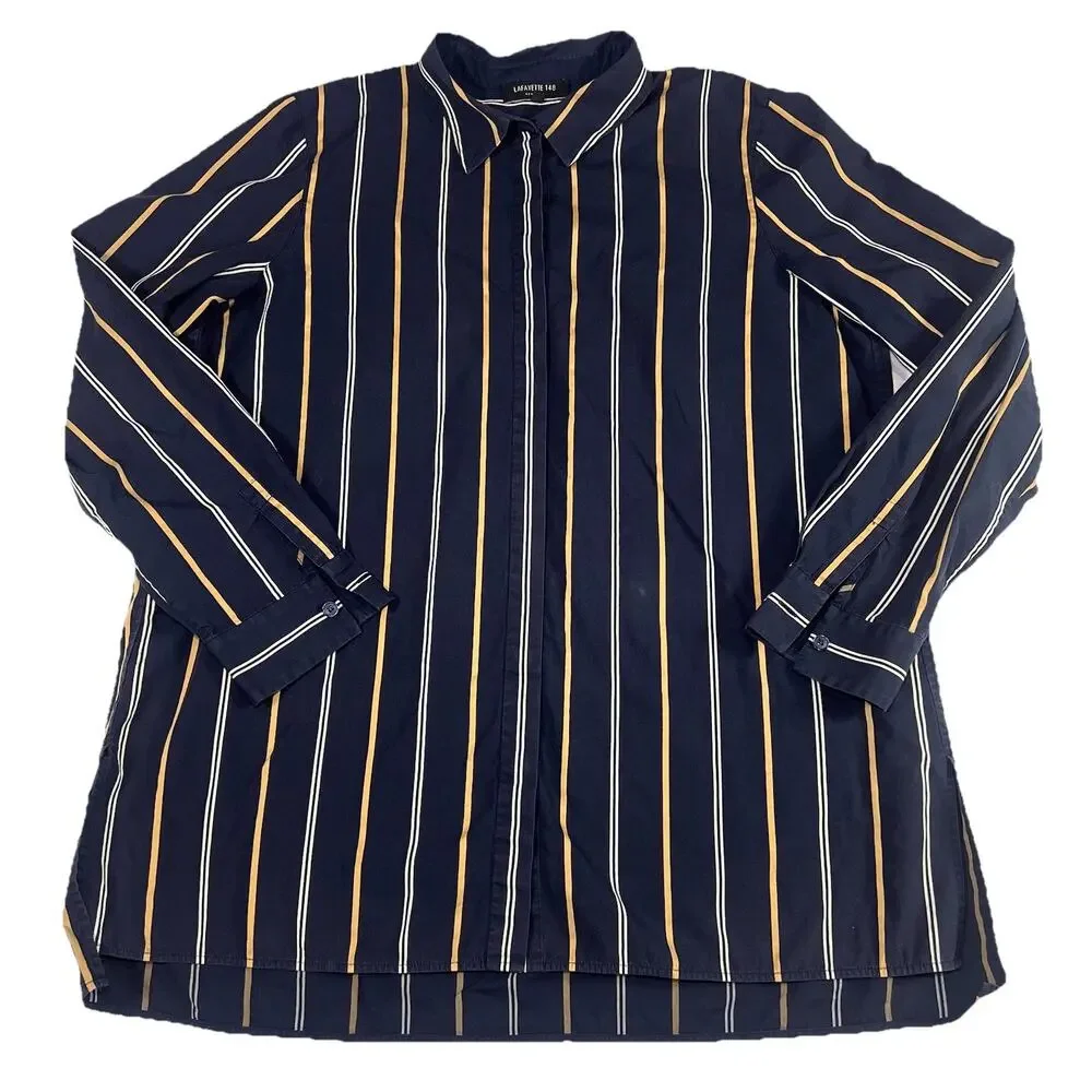 Lafayette 148 New York Shirt Size L Navy Stripe Brayden Riverside Long Sleeve - Picture 2 of 13